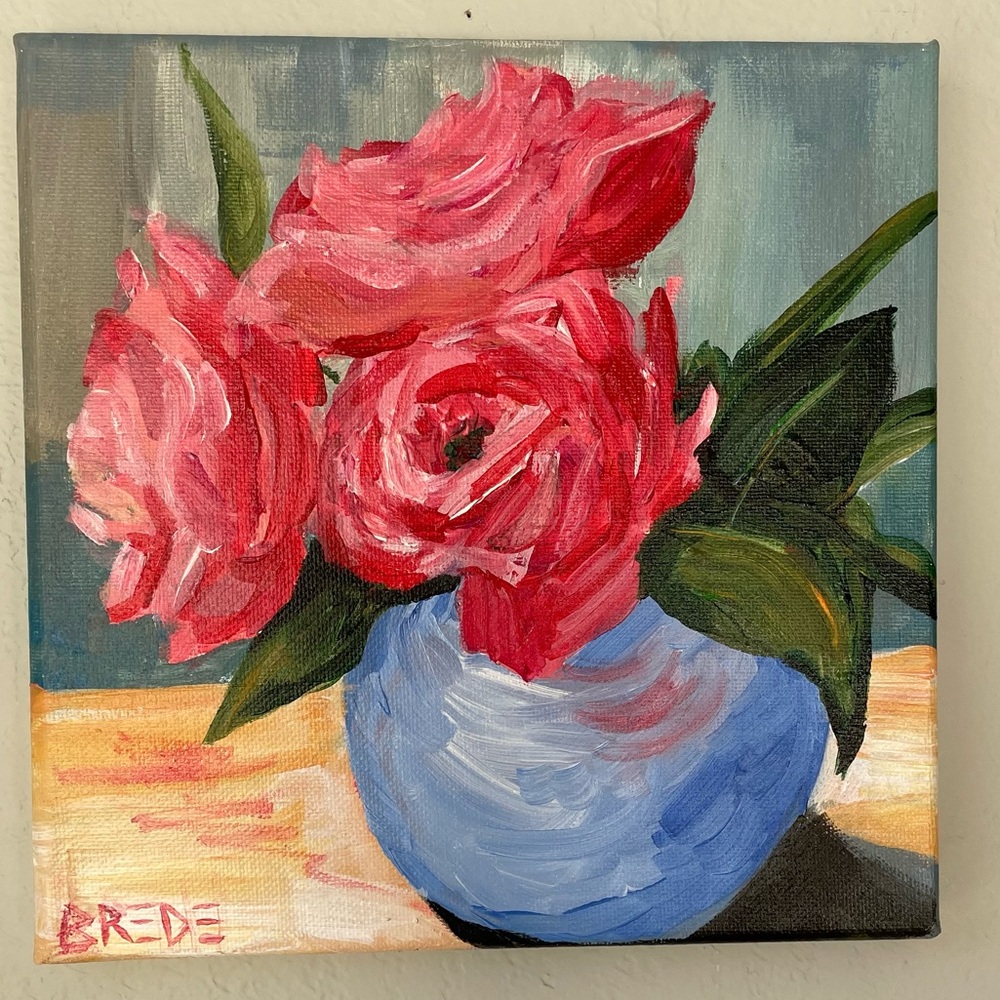 Original oil painting• 8x8 impressionist rose bouquet still life red pink